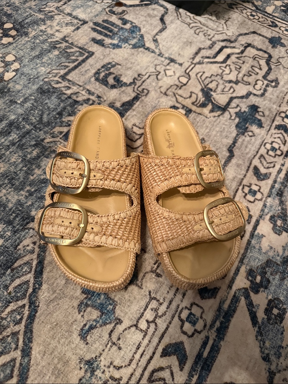 Loeffler Randall Nico Natural Two-Band Tan Woven Double-Buckle Slide Sandals